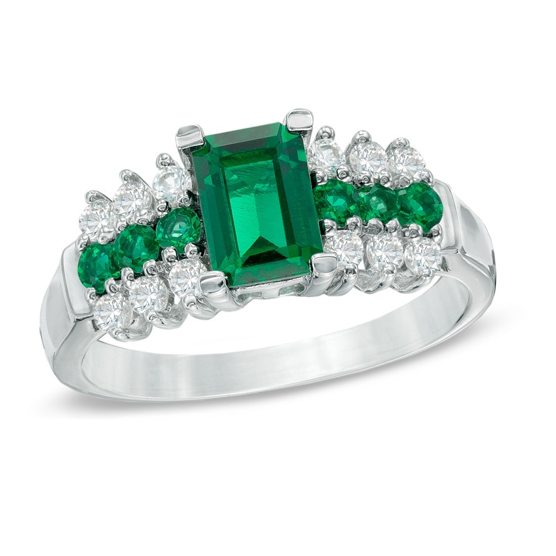 Emerald-Cut Lab-Created Emerald and White Sapphire Ring in 10K White Gold