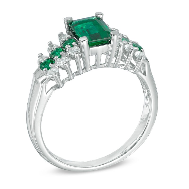 Main Image 2 of Emerald-Cut Lab-Created Emerald and White Sapphire Ring in 10K White Gold
