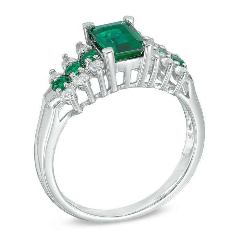 Emerald-Cut Lab-Created Emerald and White Sapphire Ring in 10K White Gold