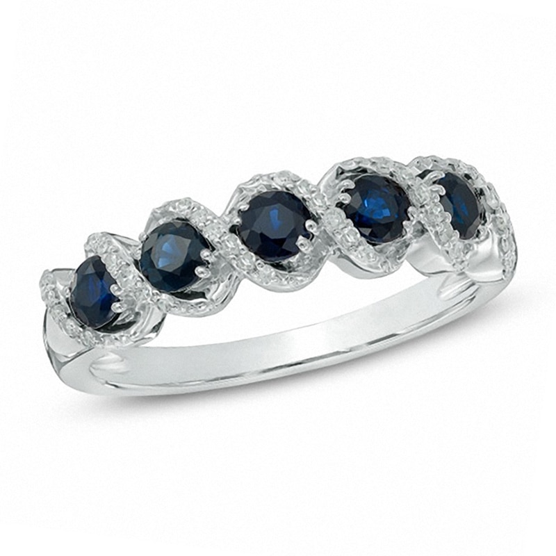 Blue Sapphire and 1/10 CT. T.W. Diamond Frame Five Stone Ring in 10K ...