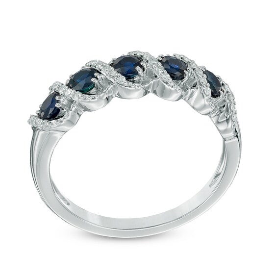 Blue Sapphire and 1/10 CT. T.w. Diamond Frame Five Stone Ring in 10K White Gold