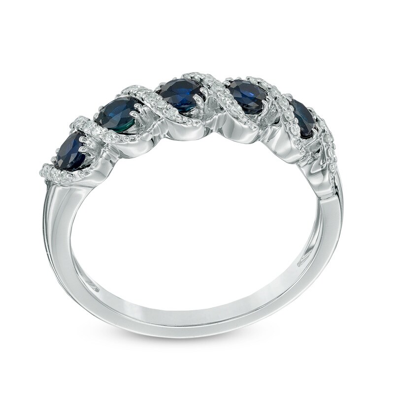 Blue Sapphire and 1/10 CT. T.W. Diamond Frame Five Stone Ring in 10K White Gold