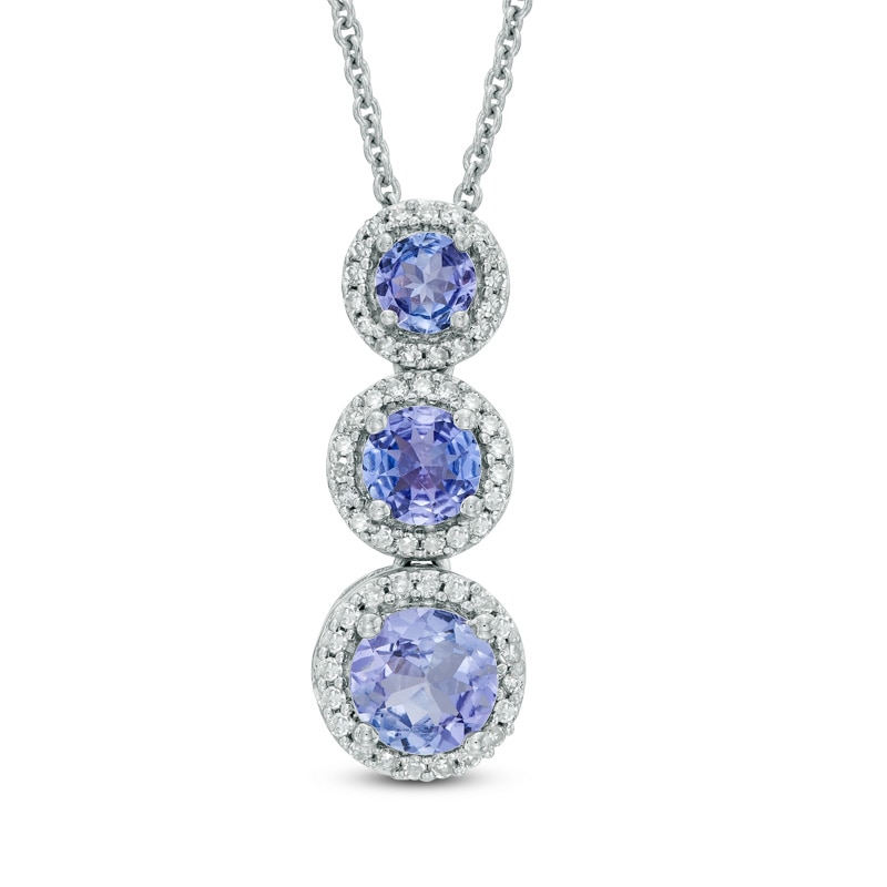 Tanzanite and 1/6 CT. T.W. Diamond Frame Linear Three Stone Pendant in 10K White Gold