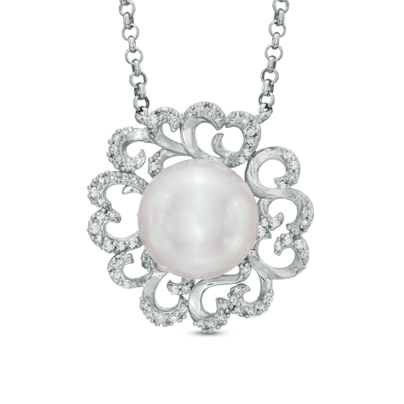 Main Image 1 of 10.0mm Freshwater Cultured Pearl and 1/10 CT. T.W. Diamond Flower Pendant in Sterling Silver