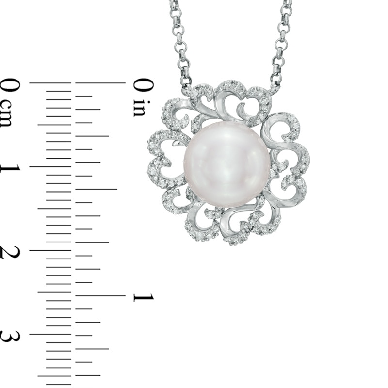 Main Image 2 of 10.0mm Freshwater Cultured Pearl and 1/10 CT. T.W. Diamond Flower Pendant in Sterling Silver