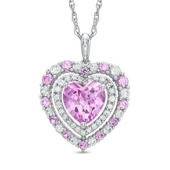 8.0mm Heart-Shaped Lab-Created Pink and White Sapphire Double Frame Heart Pendant in Sterling Silver