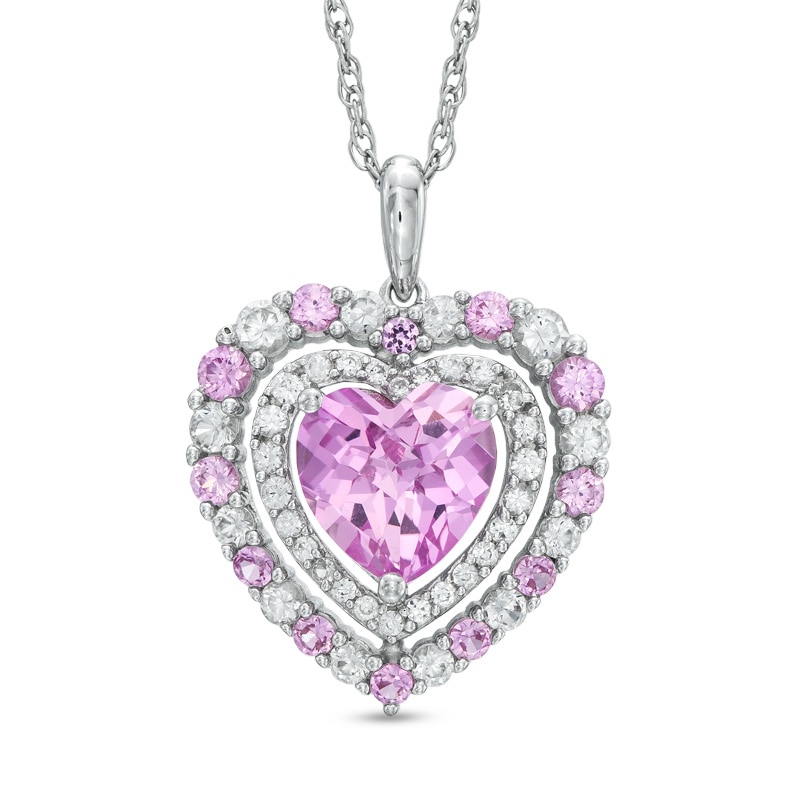 Main Image 1 of 8.0mm Heart-Shaped Lab-Created Pink and White Sapphire Double Frame Heart Pendant in Sterling Silver