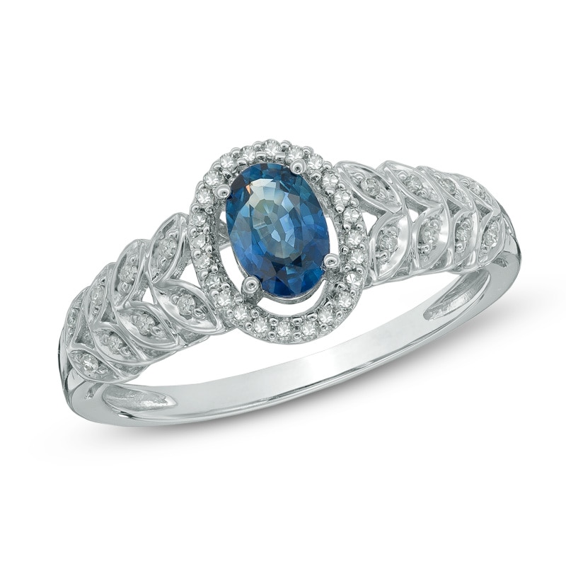 Main Image 1 of Oval Blue Sapphire and 1/8 CT. T.W. Diamond Leaf Ring in 10K White Gold
