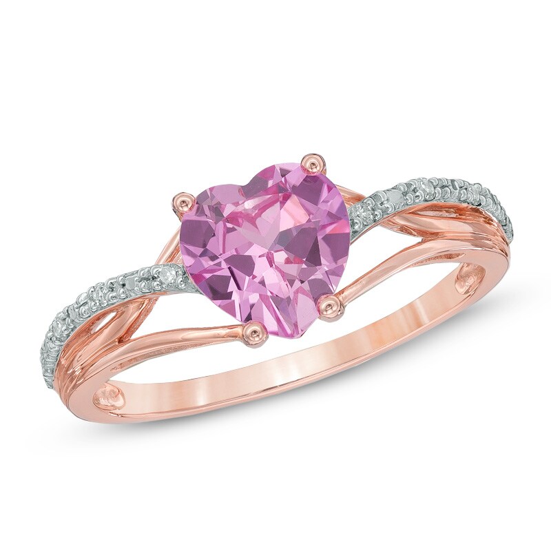 Main Image 1 of 7.0mm Heart-Shaped Lab-Created Pink Sapphire and Diamond Accent Ring in 10K Rose Gold