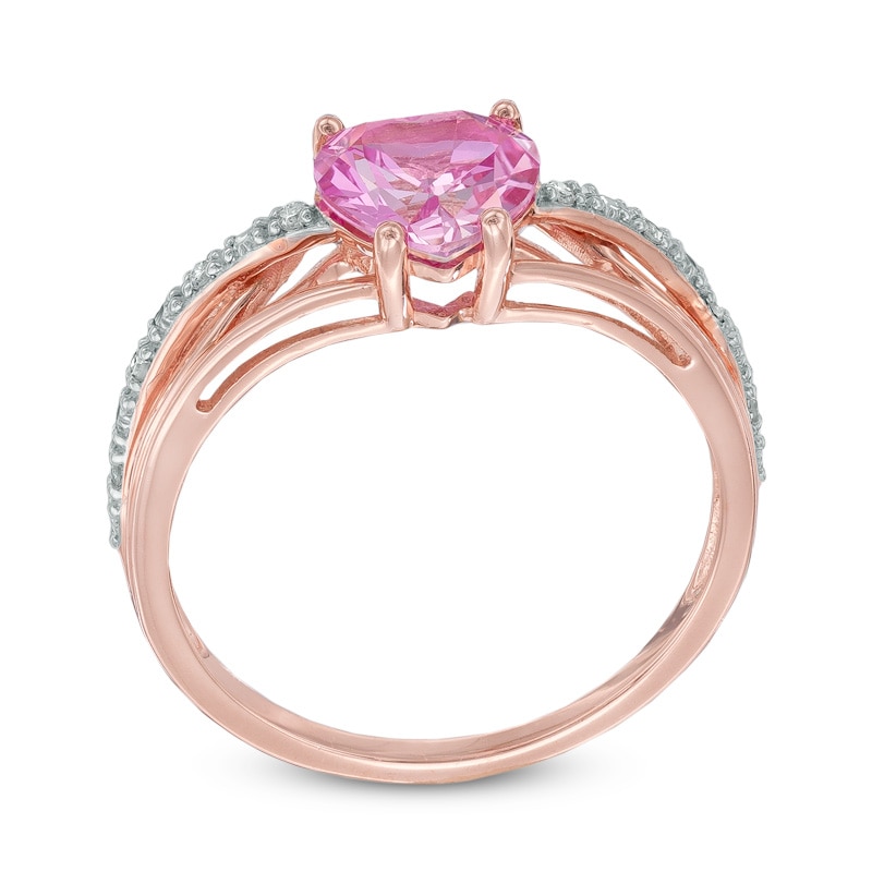 Main Image 2 of 7.0mm Heart-Shaped Lab-Created Pink Sapphire and Diamond Accent Ring in 10K Rose Gold