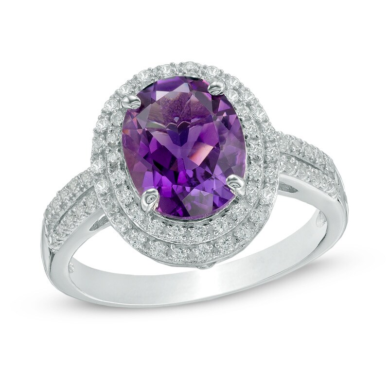 Main Image 1 of Oval Amethyst and Lab-Created White Sapphire Double Frame Ring in Sterling Silver