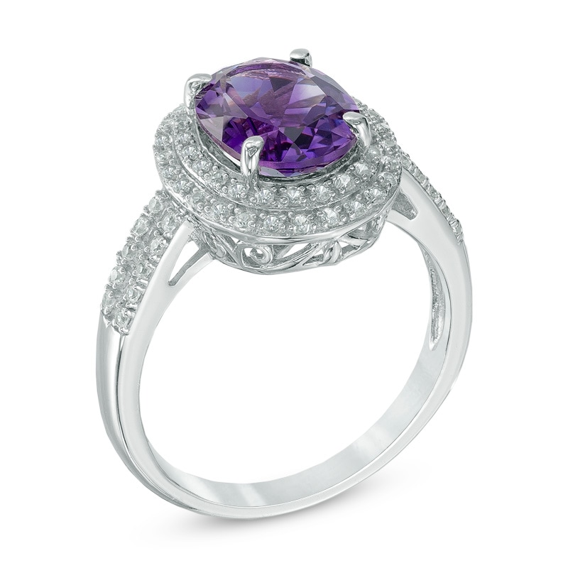 Oval Amethyst and Lab-Created White Sapphire Double Frame Ring in Sterling Silver