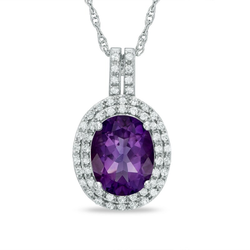 Main Image 1 of Oval Amethyst and Lab-Created White Sapphire Double Frame Pendant in Sterling Silver