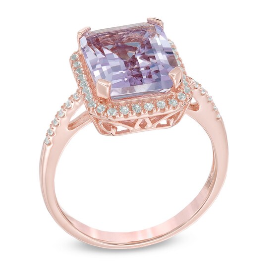 Emerald-Cut Rose de France Amethyst and Lab-Created White Sapphire Frame Ring 10K Rose Gold
