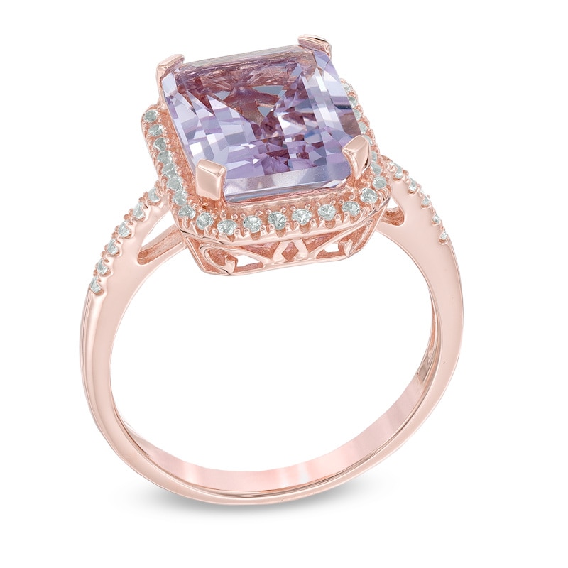 Emerald-Cut Rose de France Amethyst and Lab-Created White Sapphire Frame Ring 10K Rose Gold