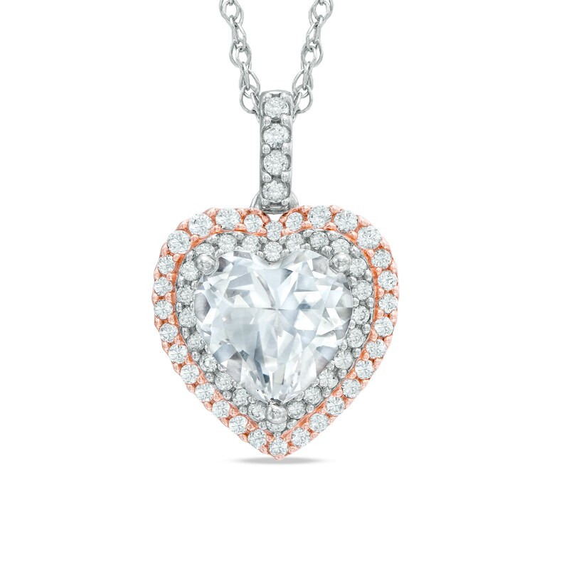 Main Image 1 of 8.0mm Heart-Shaped Lab-Created White Sapphire Double Frame Pendant in Sterling Silver with 14K Rose Gold Plate