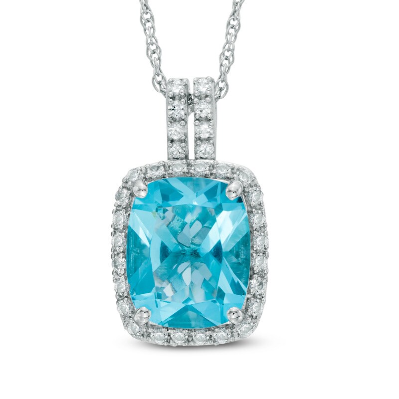 Main Image 1 of Cushion-Cut Blue Quartz Triplet and Lab-Created White Sapphire Pendant in Sterling Silver