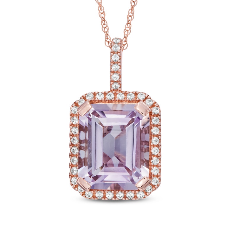 Main Image 1 of Emerald-Cut Rose de France Amethyst and Lab-Created White Sapphire Frame Pendant in 10K Rose Gold