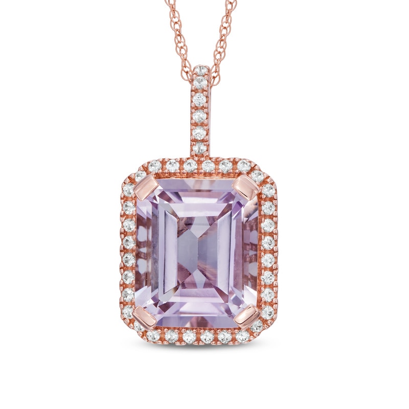 Emerald-Cut Rose de France Amethyst and Lab-Created White Sapphire Frame Pendant in 10K Rose Gold