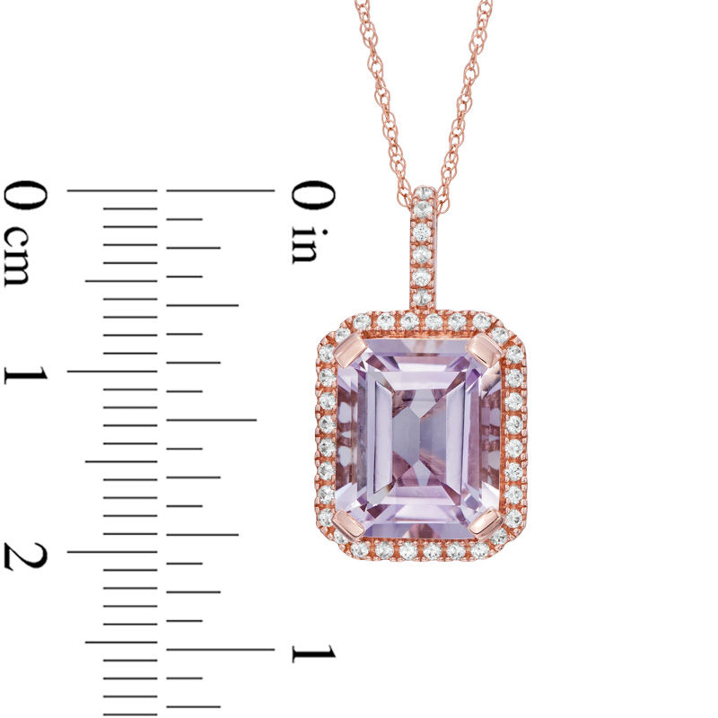 Main Image 2 of Emerald-Cut Rose de France Amethyst and Lab-Created White Sapphire Frame Pendant in 10K Rose Gold