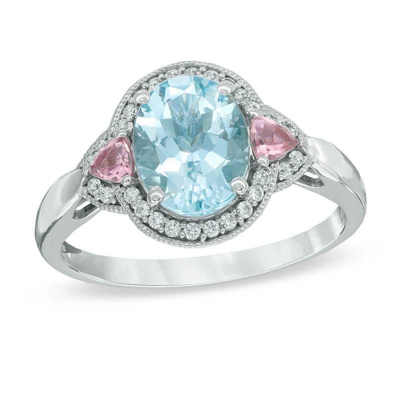 Oval Aquamarine, Pink Tourmaline and 1/10 CT. T.W. Diamond Frame Ring in 10K White Gold