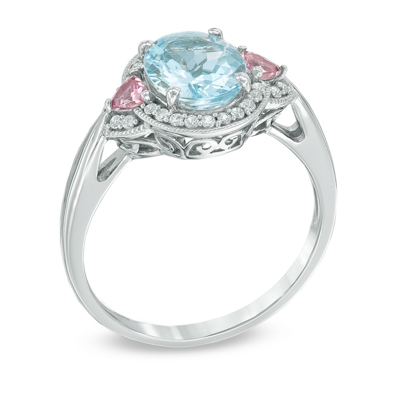 Oval Aquamarine, Pink Tourmaline and 1/10 CT. T.W. Diamond Frame Ring in 10K White Gold