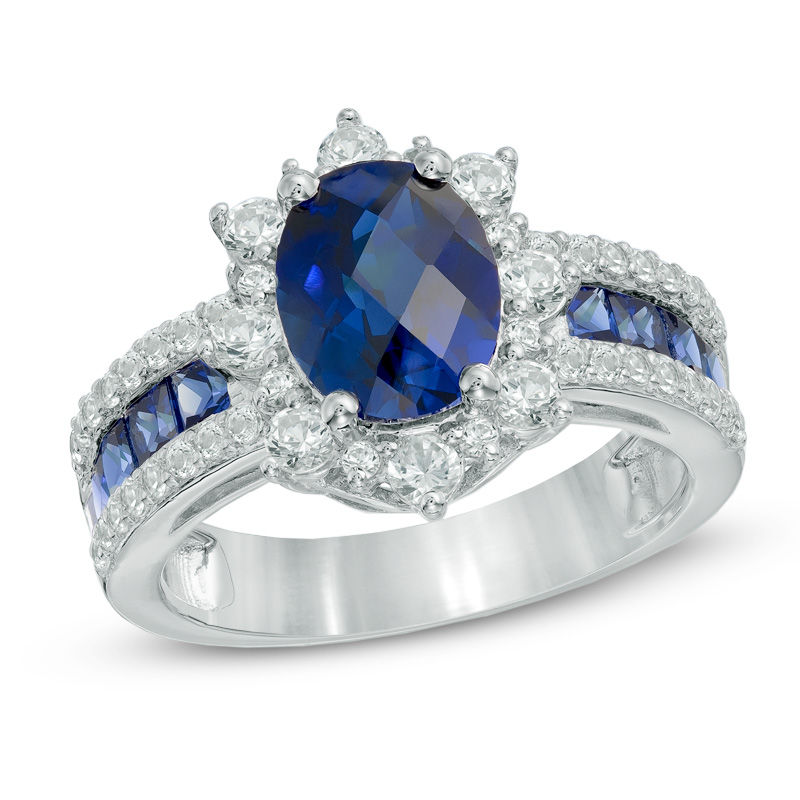 Oval Lab-Created Blue and White Sapphire Frame Engagement Ring in Sterling Silver