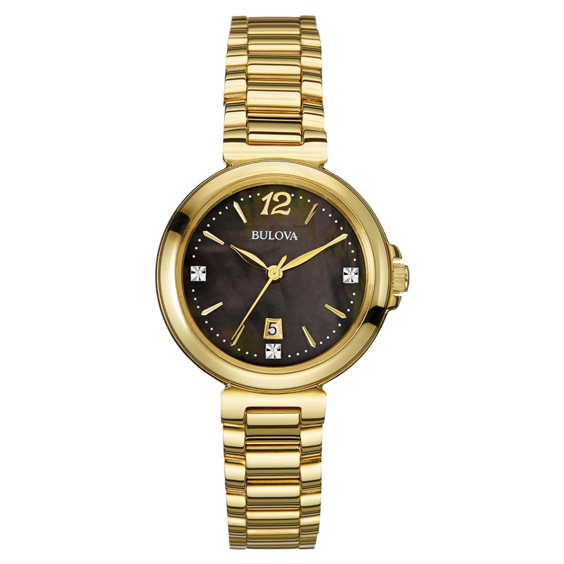 Ladies' Bulova Diamond Accent Gold-Tone Watch with Black Mother-of-Pearl Dial (Model: 97P107)