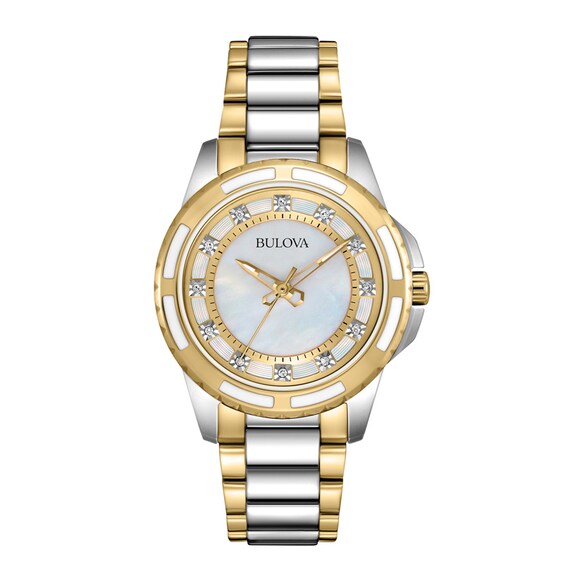 Ladies' Bulova Diamond Accent Two-Tone Watch with Mother-of-Pearl Dial (Model: 98P140)