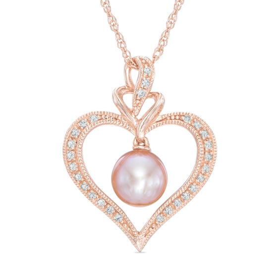 Freshwater Cultured Pearl and Lab-Created White Sapphire Heart Pendant in Sterling Silver with 14K Rose Gold Plate
