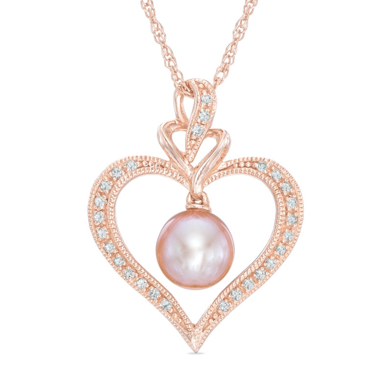 Main Image 1 of Freshwater Cultured Pearl and Lab-Created White Sapphire Heart Pendant in Sterling Silver with 14K Rose Gold Plate