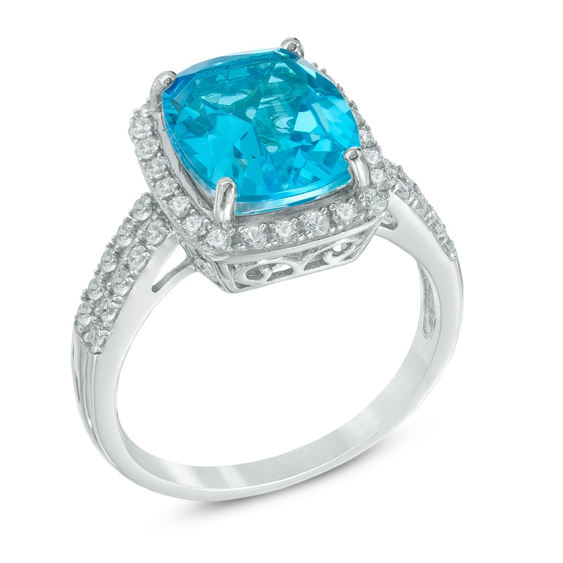 Cushion-Cut Blue Quartz Triplet and Lab-Created White Sapphire Ring in Sterling Silver