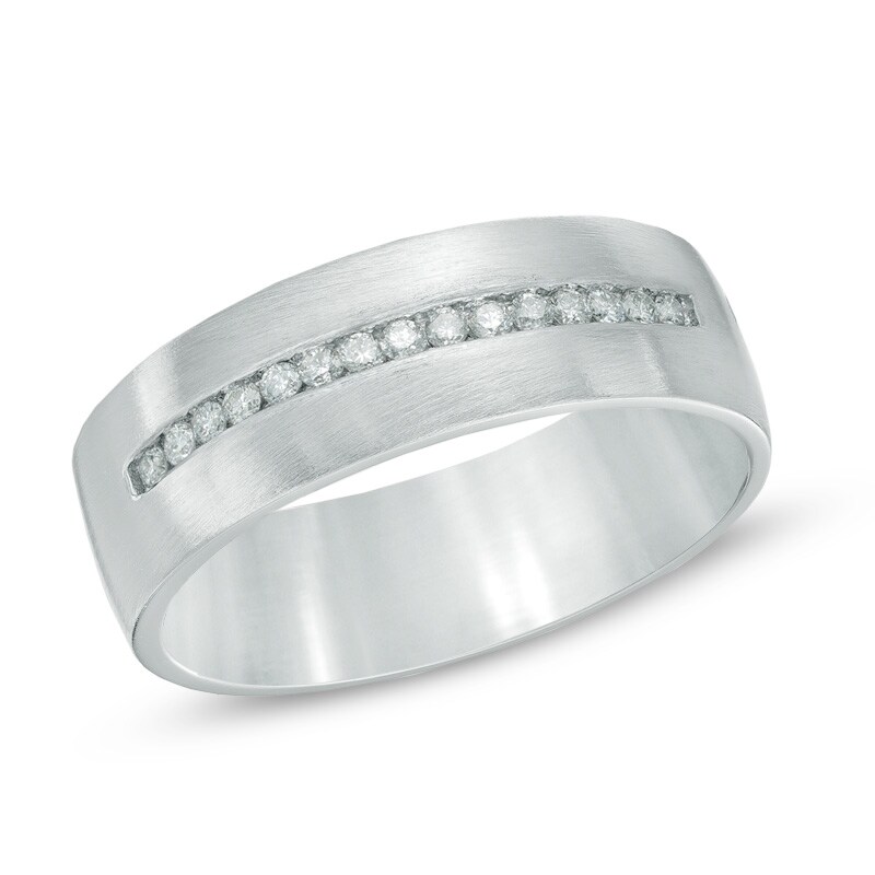 Main Image 1 of Men's 1/5 CT. T.W. Diamond Satin Finish Wedding Band in 10K White Gold