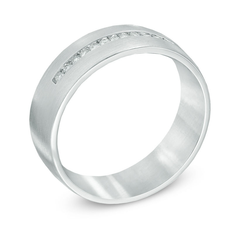 Main Image 2 of Men's 1/5 CT. T.W. Diamond Satin Finish Wedding Band in 10K White Gold