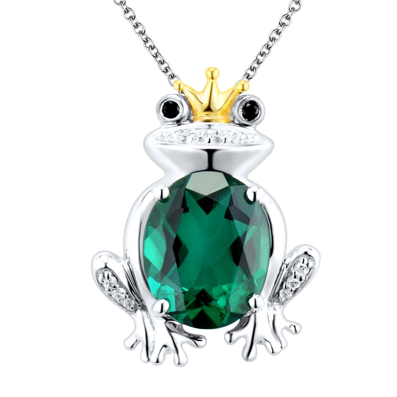 Lab-Created Emerald and Enhanced Black and White Diamond Accent Frog Pendant in Sterling Silver with 14K Gold Plate