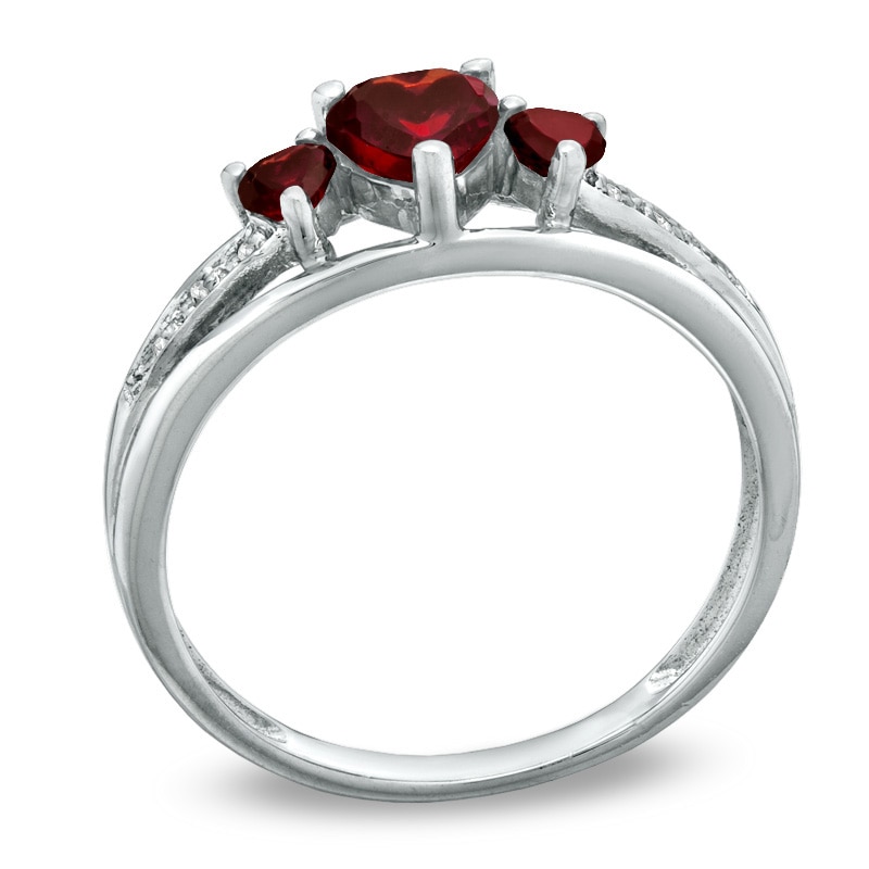 5.0mm Heart-Shaped Garnet and Diamond Accent Three Stone Promise Ring in 10K White Gold
