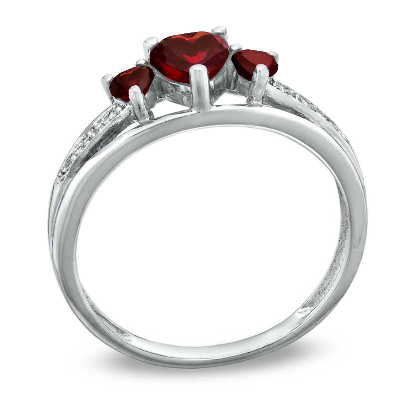 Main Image 2 of 5.0mm Heart-Shaped Garnet and Diamond Accent Three Stone Promise Ring in 10K White Gold
