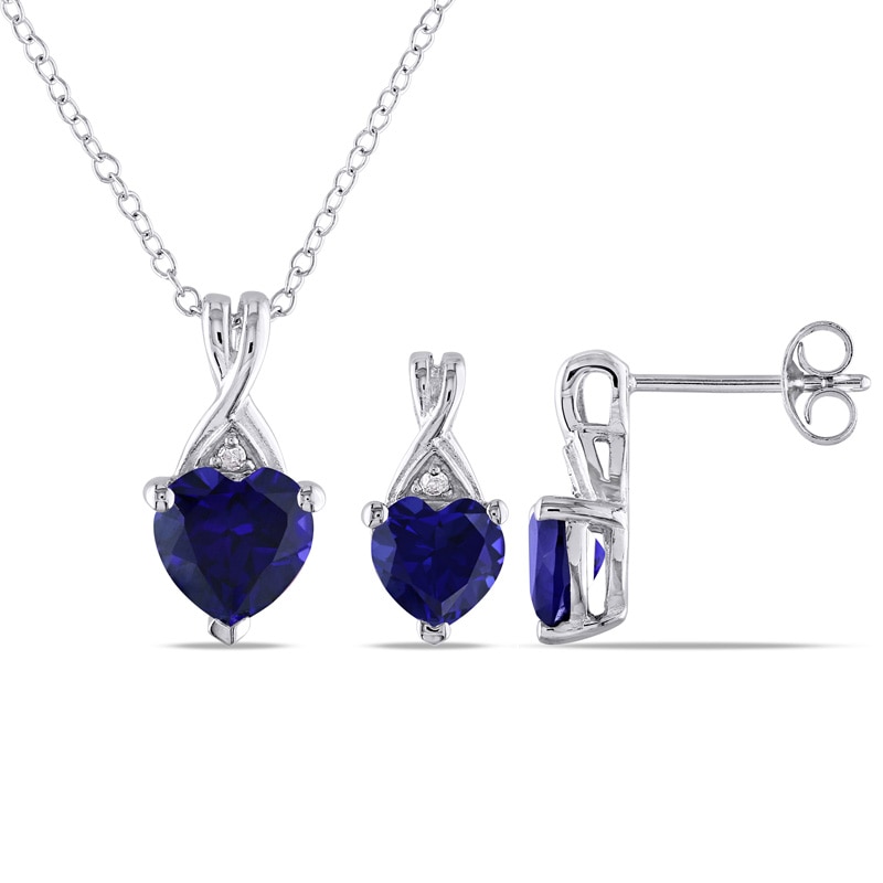 Heart-Shaped Lab-Created Blue Sapphire and Diamond Accent Pendant and Stud Earrings Set in Sterling Silver