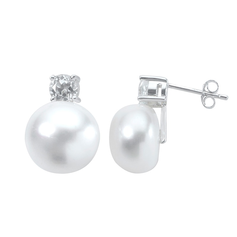 Main Image 1 of 12.0-13.0mm Freshwater Cultured Pearl and White Topaz Stud Earrings in Sterling Silver