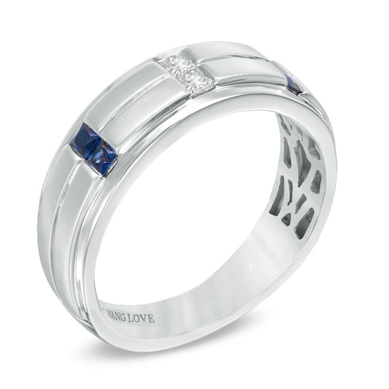 Vera Wang Men's 1/8 CT. T.w. Diamond and Blue Sapphire Wedding Band in 14K White Gold