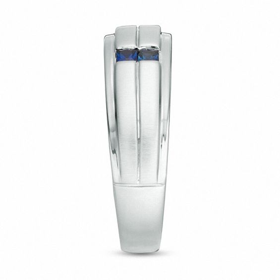 Vera Wang Men's 1/8 CT. T.w. Diamond and Blue Sapphire Wedding Band in 14K White Gold