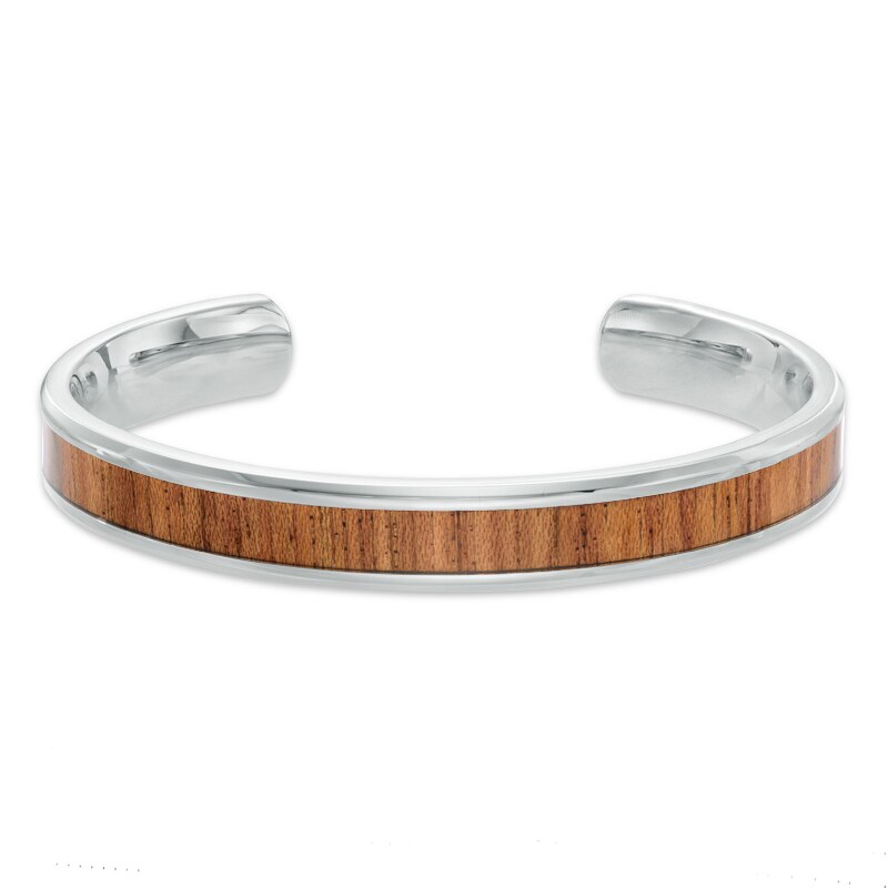 Main Image 1 of Men's Light Wood Inlay Cuff Bracelet in Stainless Steel - 8.5&quot;