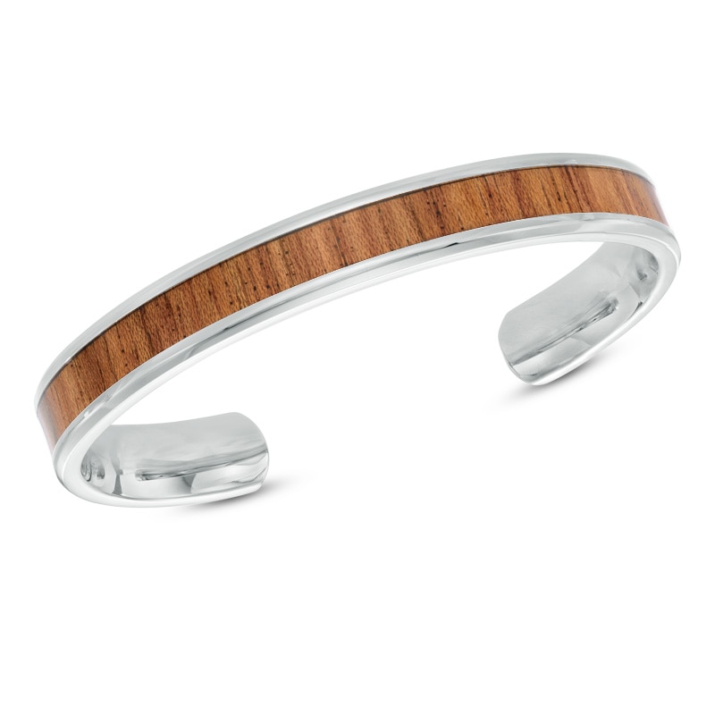 Men's Light Wood Inlay Cuff Bracelet in Stainless Steel - 8.5"