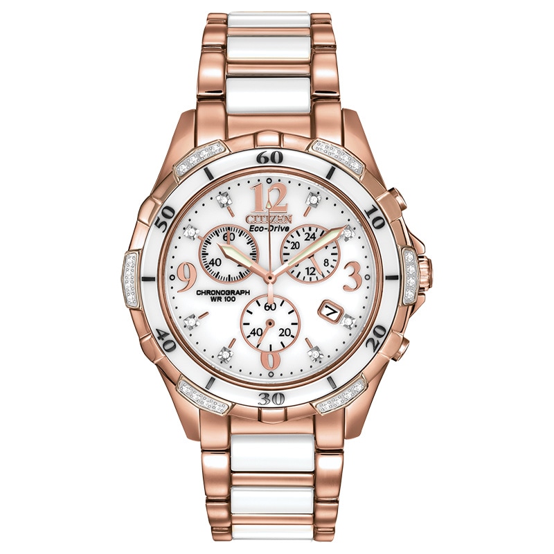 Main Image 1 of Ladies' Citizen Eco-Drive® Silhouette Chronograph Diamond Two-Tone Ceramic Watch with White Dial (Model: FB1233-51A)