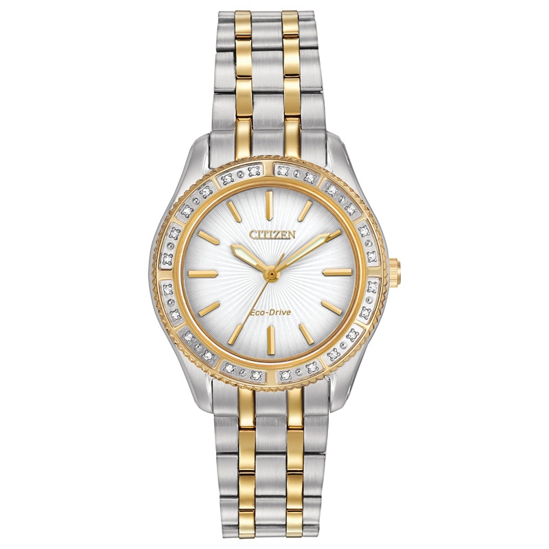 Ladies' Citizen Eco-Drive® Carina Diamond Accent Two-Tone Watch with White Dial (Model: EM0244-55A)