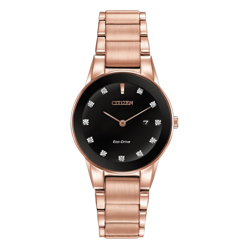 Main Image 1 of Ladies' Citizen Eco-Drive® Axiom Diamond Accent Rose-Tone Watch with Black Dial (Model: GA1058-59Q)