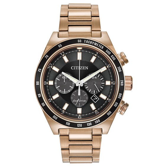 Men's Citizen Eco-DriveÂ® Brycen Chronograph Rose-Tone Watch with Black Dial (Model: Ca4203-54E)