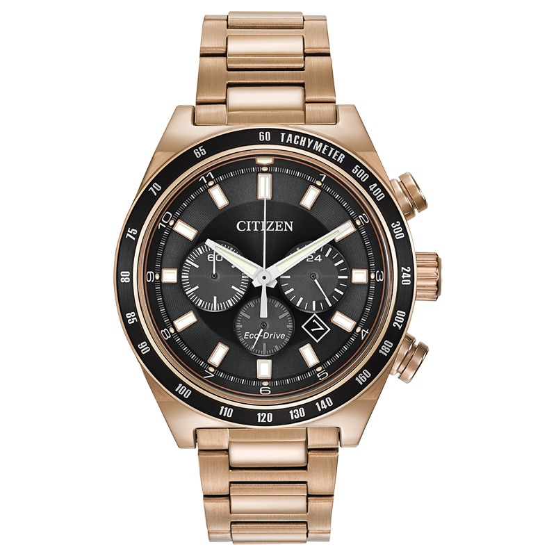 Men's Citizen Eco-Drive® Brycen Chronograph Rose-Tone Watch with Black Dial (Model: CA4203-54E)