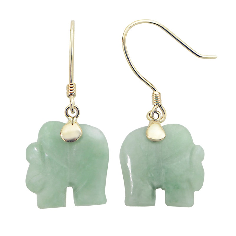 Carved Jade Elephant Drop Earrings in 10K Gold