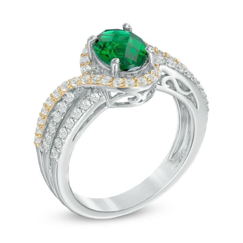 Oval Lab-Created Emerald and White Sapphire Swirl Engagement Ring in Two-Tone Sterling Silver